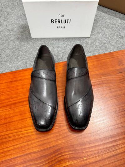 Berluti Black  and grey calfskin Leather Shoes-Berluti Man Business Leather Shoes